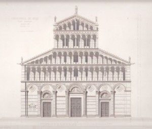 La facciata della Cattedrale in un disegno di Georges Rohault De Fleury esposto alla mostra “I 950 anni del Duomo: 1063-2013” allestita presso il palazzo della Provincia